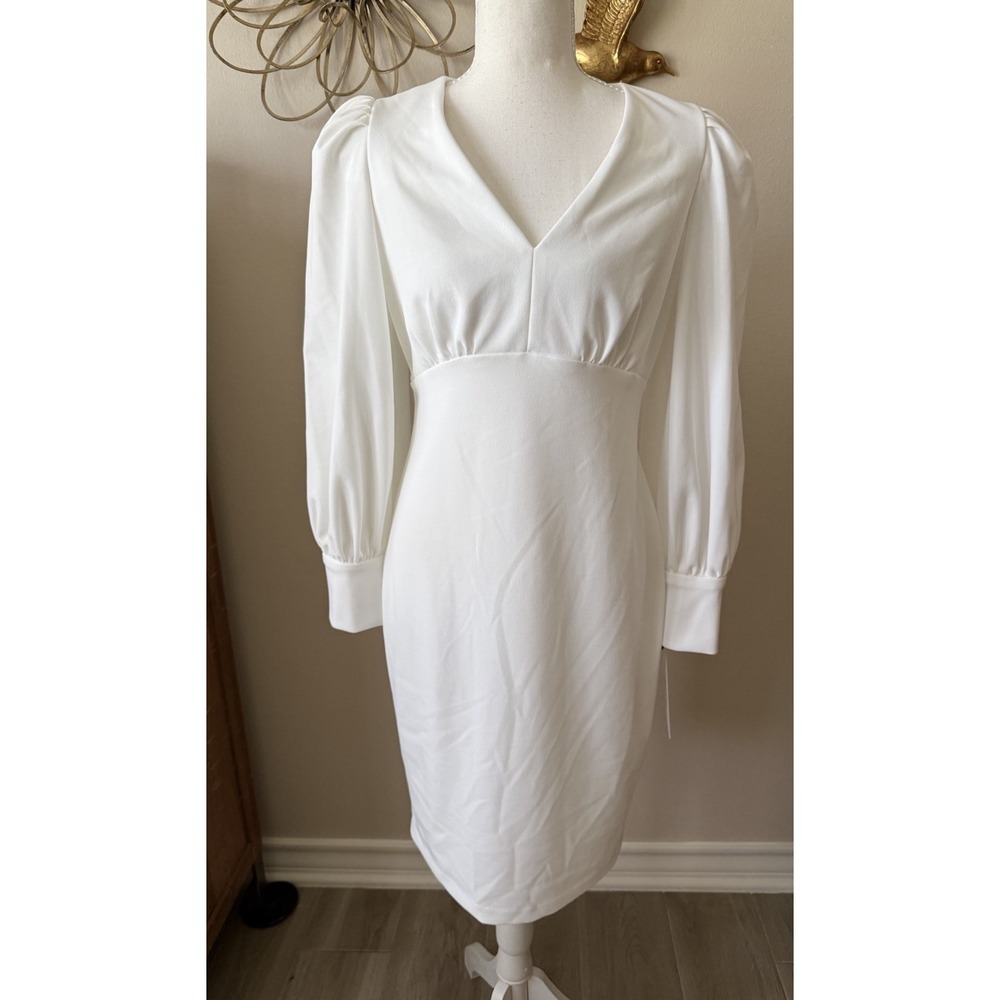 Calvin Klein Womens 10 Ivory Midi Dress Puff‎ Sleeve V Neck NWT Tags Detached